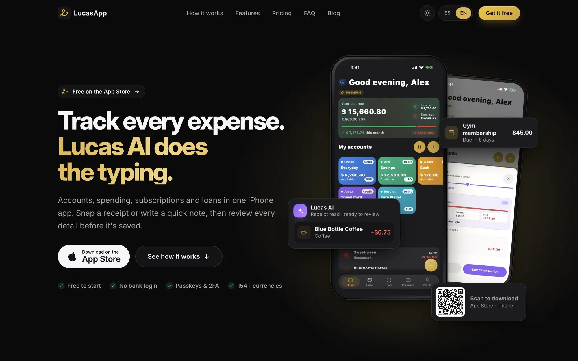 LucasApp website in dark mode: “Track every expense. Lucas AI does the typing.” next to the iPhone app showing balances and accounts
