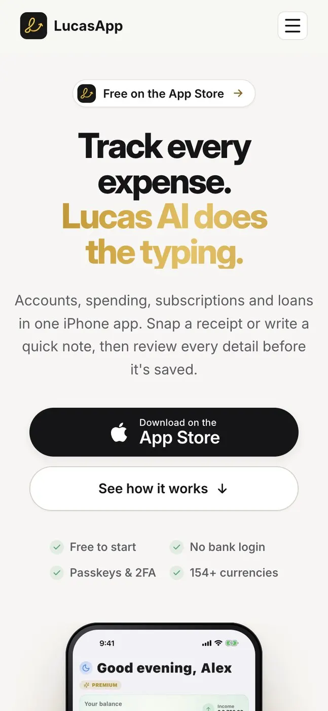 LucasApp website on an iPhone in light mode